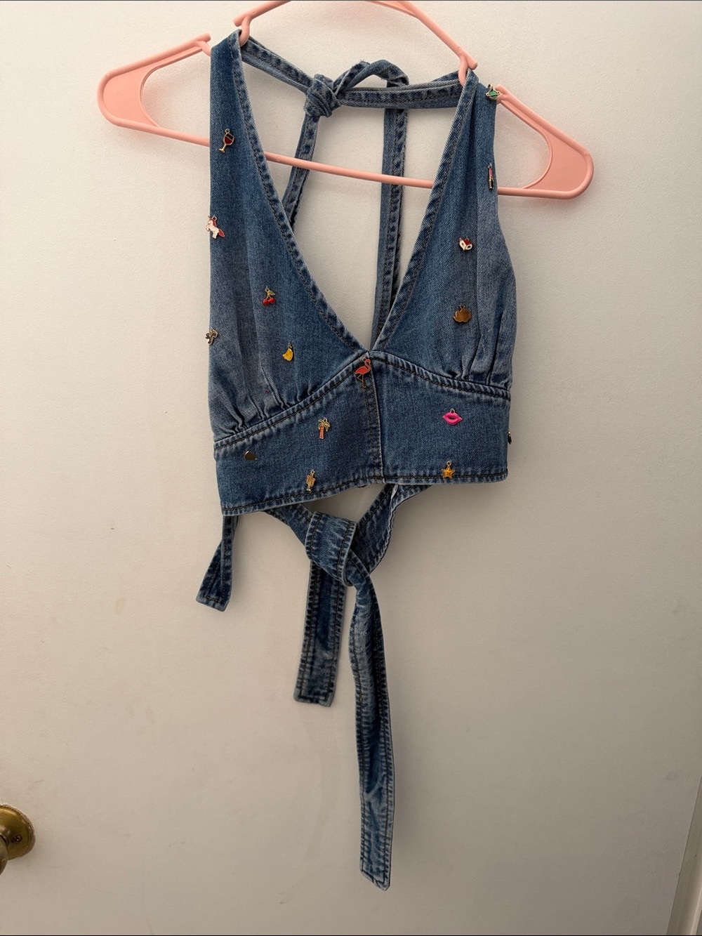 Fashion Nova Blue Denim Embroidered Tie-Back Crop Top